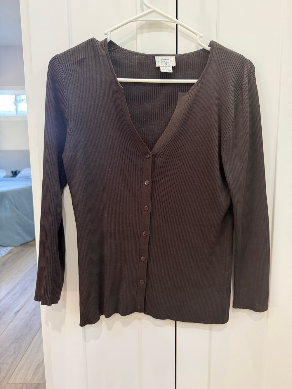 LOFT Brown Ribbed V-Neck Button Cardigan